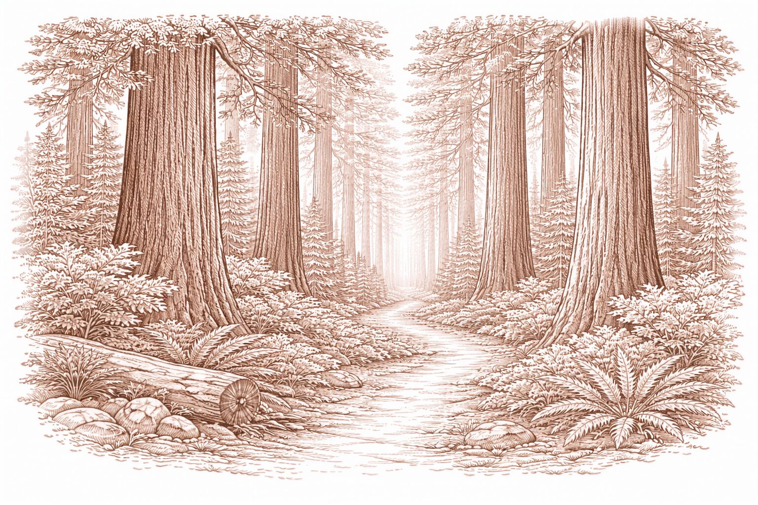 Artistic drawing of California redwoods
