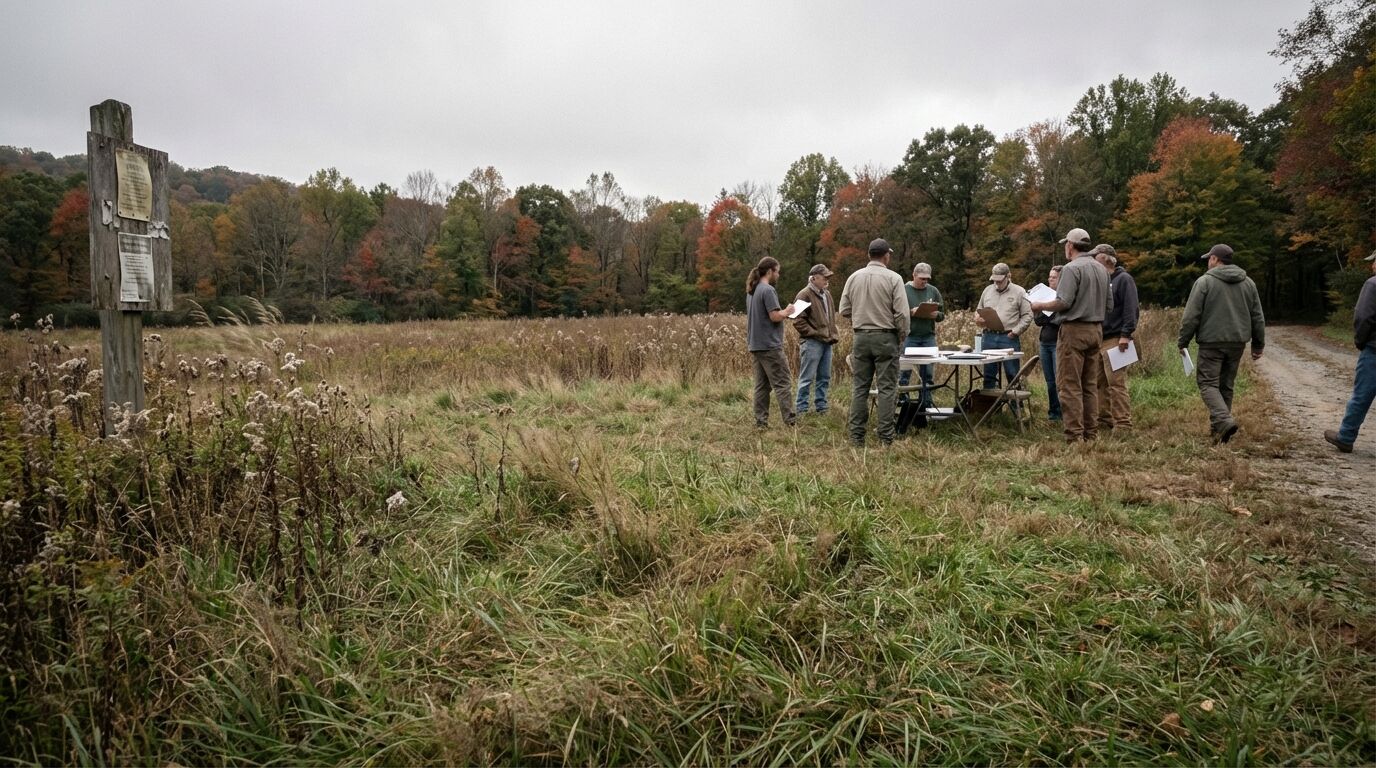 Community gathering in open meadow near forest edge for conservation discussion, September afternoon