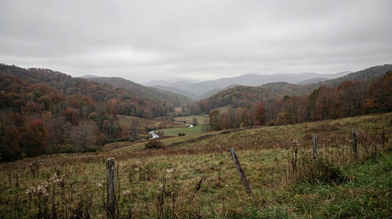 Protected Appalachian valley with rolling forested hills and meandering stream, late October