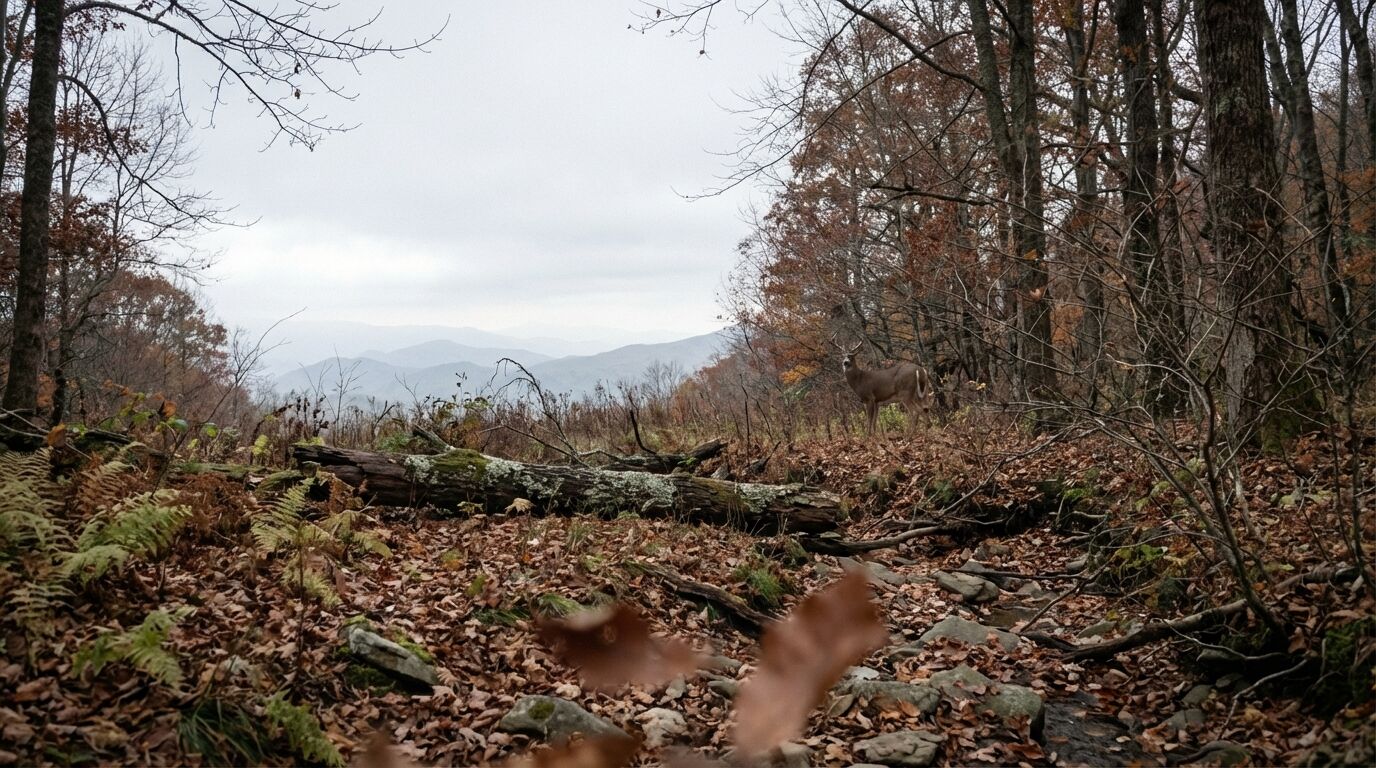 White-tailed deer at forest edge in southern Blue Ridge habitat, overcast November morning