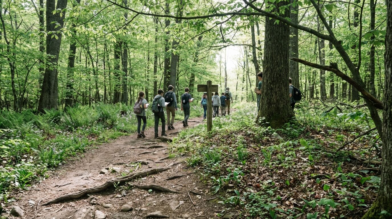 Youth group walking forest trail with naturalist guide in Appalachian woodland, late May
