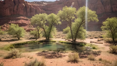 Desert oasis spring pool surrounded by cottonwood trees amid red rock formations