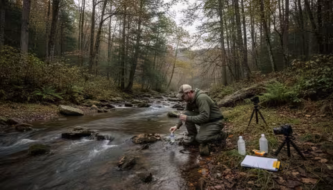 Field researcher collecting water samples at forest stream with scientific equipment