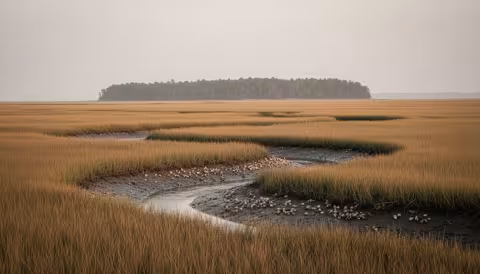 South Atlantic salt marsh with cordgrass and winding tidal creek at golden hour
