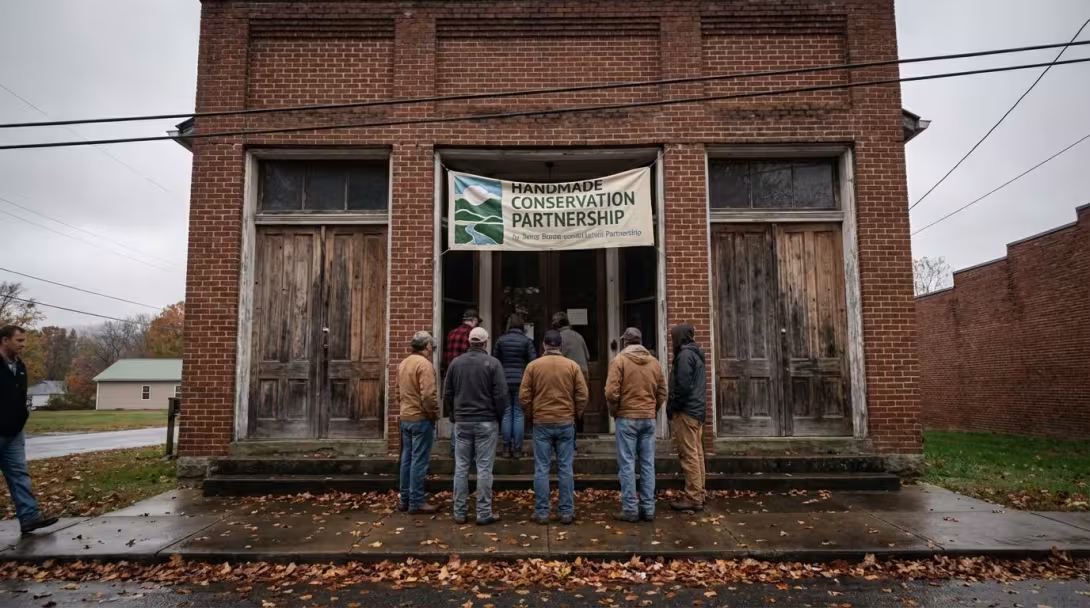 Community meeting at rural town hall entrance, overcast October afternoon